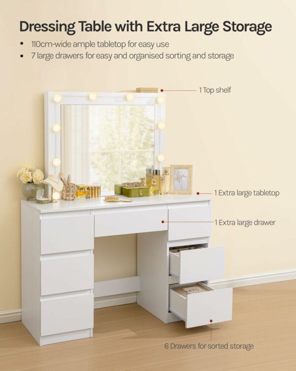 WOLTU Dressing Table with LED Bulb Lights, Adjustable Brightness, Vanity Table Makeup Desk with Large Mirror and 7 Drawers, 110 x 140.5 x 39.5 cm, White Bedroom Dresser Cosmetic Table, MB6099ws