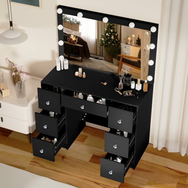 Guanglai Makeup Vanity with Large Lighted Mirror & 6 Drawers, Vanity Desk set 3 Lighting Modes Adjustable Brightness, Dressing Table for Women Girls, Crystal handle, Black