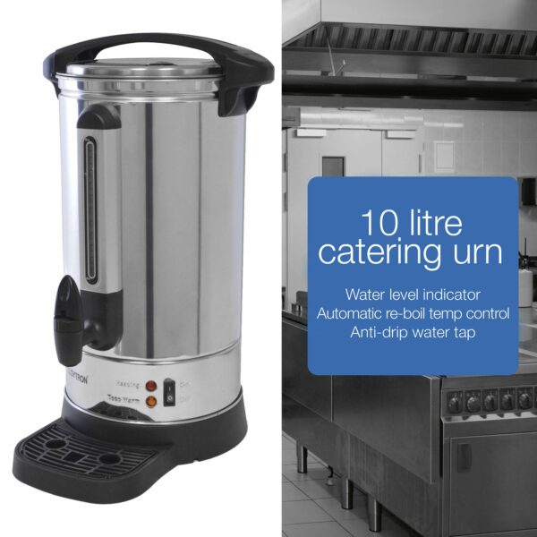 LLOYTRON 10 Litre 1500w Stainless Steel Catering Urn / Water Boiler / Anti-drip Tap / Water Level Indicator / Drip Tray / Auto Re-boil Temperature Control / Locking Lid / E1910 / Stainless Steel