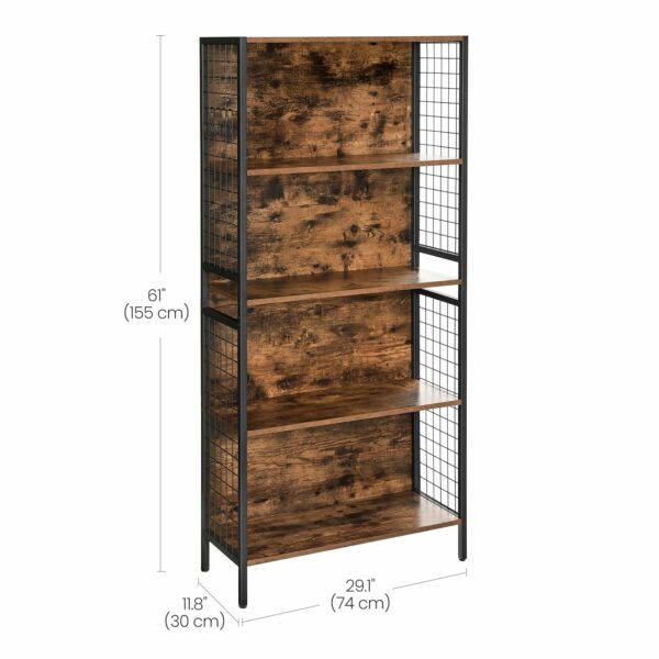 Vasagle Bookcase, Office Storage Shelf, 4 Tiers for Books, Decorations, Stable Steel Frame, S-Shaped Hooks for Hanging