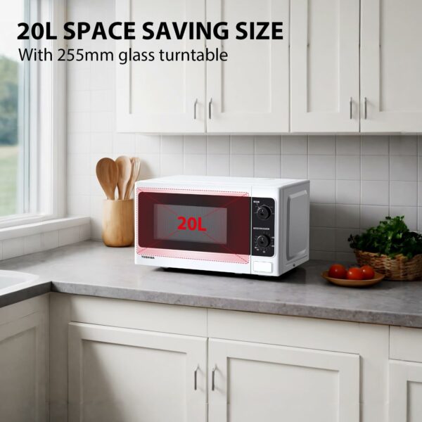 TOSHIBA 20 Liter 800W Manual Control Solo Small Microwave, Compact with 5 Power Levels, Automatic Defrost Function, Perfect for 9'' pizza, Clock and Timer, Easy Clean, White- MM-MM20P(WH)