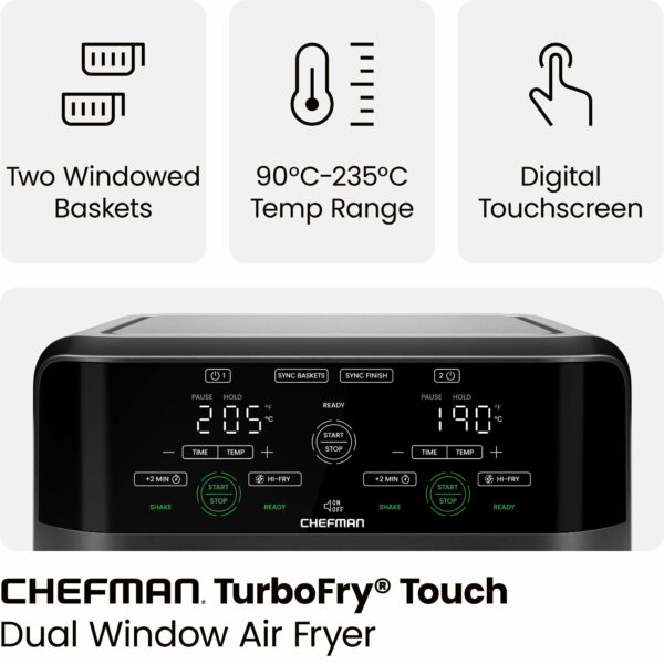 CHEFMAN 5.6L Dual Air Fryer Oven, Dishwasher Safe Frying Baskets, Double Air Fryer with Sync Finish, Hi-Fry, Auto Shutoff and Easy View Windows, Black