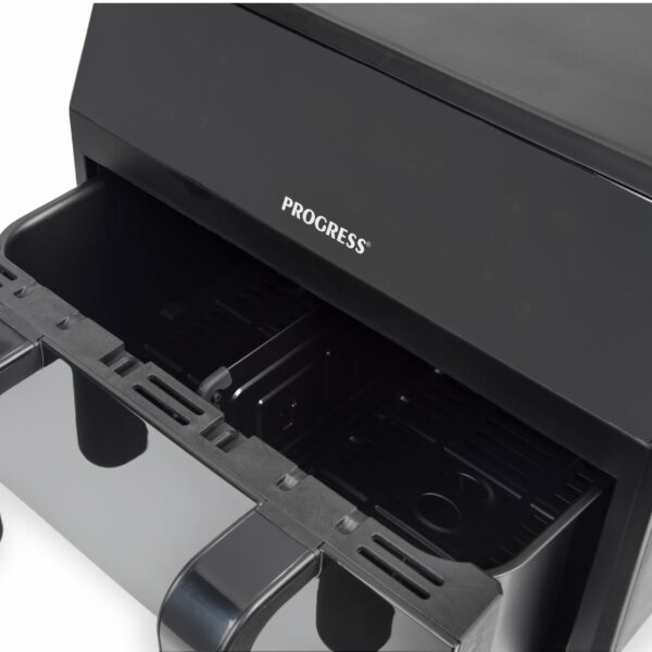 Progress Dual View Air Fryer – 7 Litre, Non-Stick Cooking Basket, Removable Divider, Family Size Capacity, Viewing Window, Digital LED Touch Display, 6 Cooking Functions, Hot Air Circulation, 2300 W