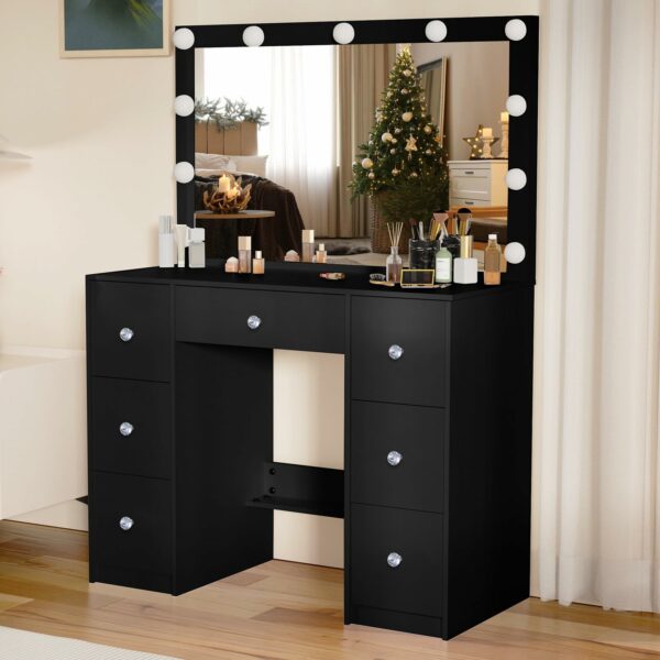 Guanglai Makeup Vanity with Large Lighted Mirror & 6 Drawers, Vanity Desk set 3 Lighting Modes Adjustable Brightness, Dressing Table for Women Girls, Crystal handle, Black