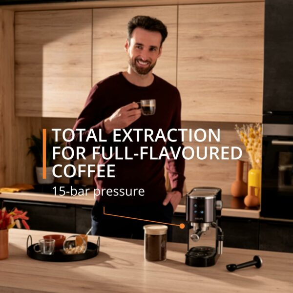 Krups Virtuoso Pump Espresso Machine, Sleek Compact Design, Auto Flow-Stop, Espresso and Cappuccino Maker, Black Stainless Steel, XP444GG0