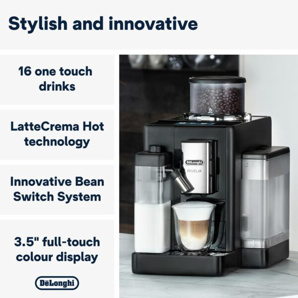 De'Longhi Rivelia EXAM440.55.B, Fully Automatic Coffee Machine with LatteCrema Hot, Automatic Milk Frother, Compact Size Bean to Cup Coffee Machine, 16 Recipes, Full Touch Colored Display, Black