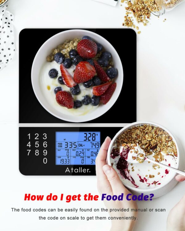Ataller Food Scale with Nutritional Calculator, Kitchen Diet Scale, Digital Food Calorie Counting Scale for Meal Prep, Kitchen, Baking, Weight Loss, Resolution 1g, Max 5kg 11Ib, Tempered Glass, Black