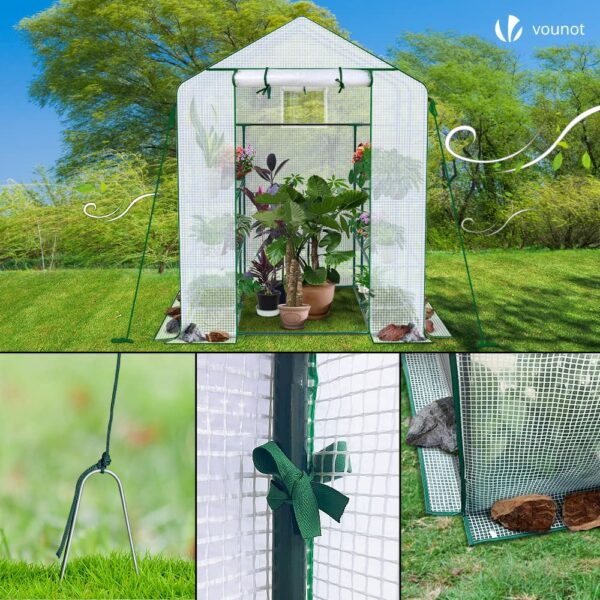 VOUNOT Walk In Greenhouse with Shelves, Roll up Zip Panel Door Garden Plastic Polytunnels Grow House for Outdoor Use, White 143x143x195cm