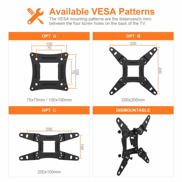 GRIFEMA GB1008-2 TV Wall Bracket for 13-43 inch TVs, TV Wall Mount for Flat & Curved TV, VESA 75x75MM to 200X200mm, up to 20KG, Tilt (+ 8°，-12°)