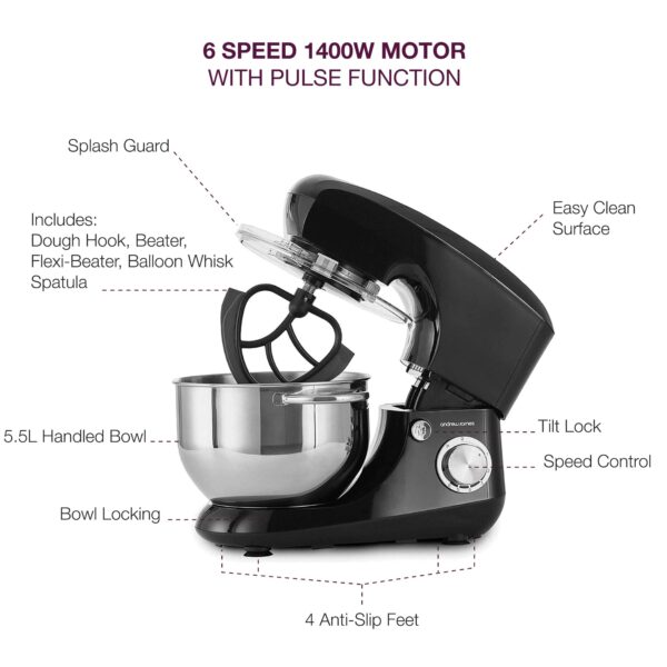 Andrew James Stand Mixer for Baking Food Mixer | 1300W Max | Large 5.5 Litre Bowl 6 Speed Pulse Mode | Kitchen Cake Mixers | Flexi-Beater Dough Hook Balloon Whisk Removable Splash Guard