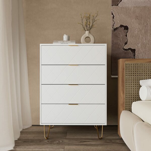 HEYZOEY Chest of Drawers, Wood 4 Drawers Cabinet Storage Organiser, Tall High Gloss Drawer Dresser with Gold Metal Legs for Bedroom, Living Room, Closet, Hallway, White