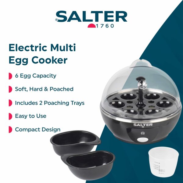 Salter Electric Multi Egg Cooker - 6 Egg Capacity Boiler, Great For Soft Dippy, Hard & Poached Eggs, Includes Measuring Cup, Removable Egg Rack and 2 Poaching Trays, Easy Clean, Compact, 430W