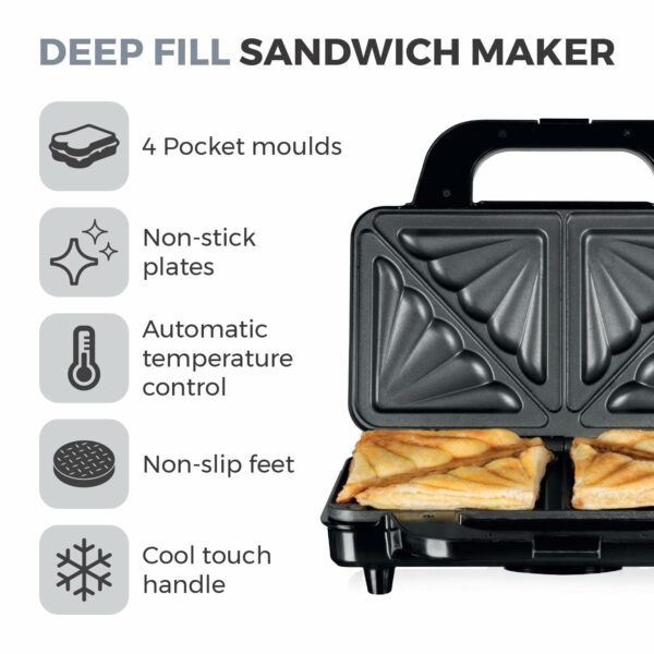 Tower T27013 Deep Fill Sandwich Maker with Extra Deep and Easy to Clean Non-Stick Plates, Automatic Temperature Control, 900W, Silver and Black