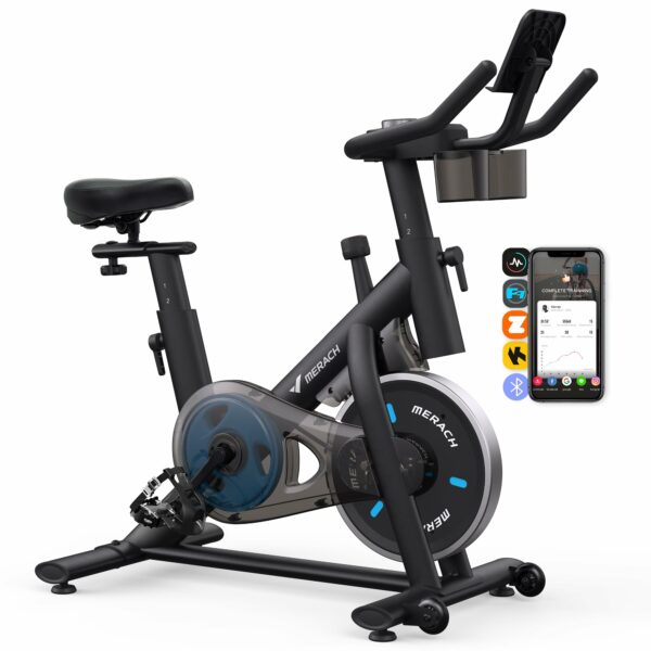 MERACH Exercise Bike with LCD Display, Stationary Bike with Exclusive App for Customized Exercise Plans, Quiet Indoor Cycling Bike Exercise Equipment for Home Gym Use, 300lbs Weight Capacity