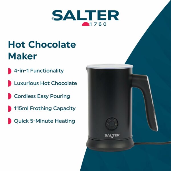 Salter Chocolatier Hot Chocolate Maker - 4-In-1 Electric Milk Frother, Cordless Hot & Cold Milk Foamer 115ml, One Cup 240ml Milk Steamer Heater, LED Control Panel, For Coffee, Cappuccino, Latte, 500W