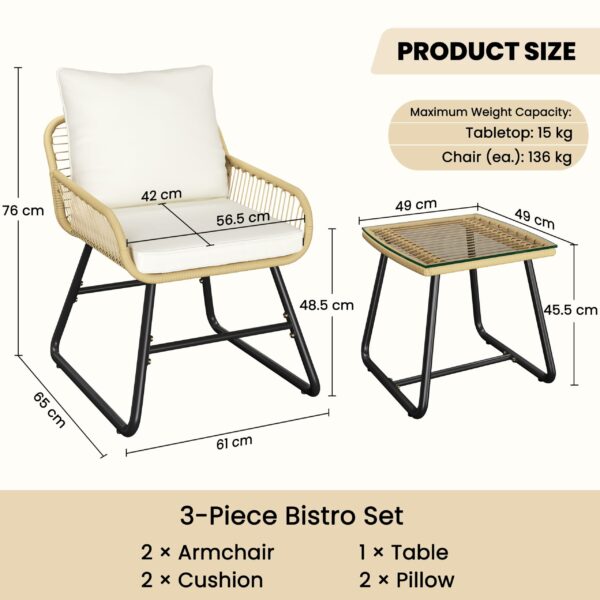 Yaheetech 3 Pieces Bistro Set, Outdoor PE Wicker Chairs and Tempered Glass Table with Waterproof Cushions