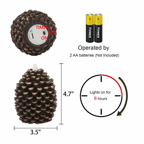 Eldnacele Pine Cone Flameless Candles Battery Operated with 6 Hour Timer Unscented Real Wax Flat Wick Flickering Pinecone LED Candles Christmas Home Holiday Decoration(2 Pack Brown)