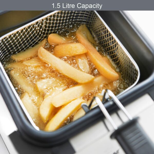 Quest 34250 1.5 Litre Stainless Steel Deep Fat Fryer / 130-190°C Adjustable Temperature/Lid Cover & Viewing Window/Easy Clean with Removable Basket / 900W / Ideal For Fried Chicken, Chips & More