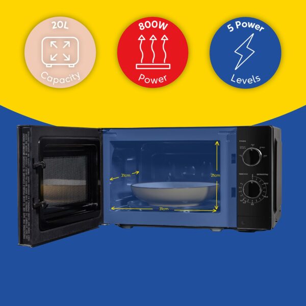 Russell Hobbs 20 Litre 800W Black Solo Manual Microwave, 5 Power Levels, Integrated Timer and Defrost Function, Easy Clean RHM2027B