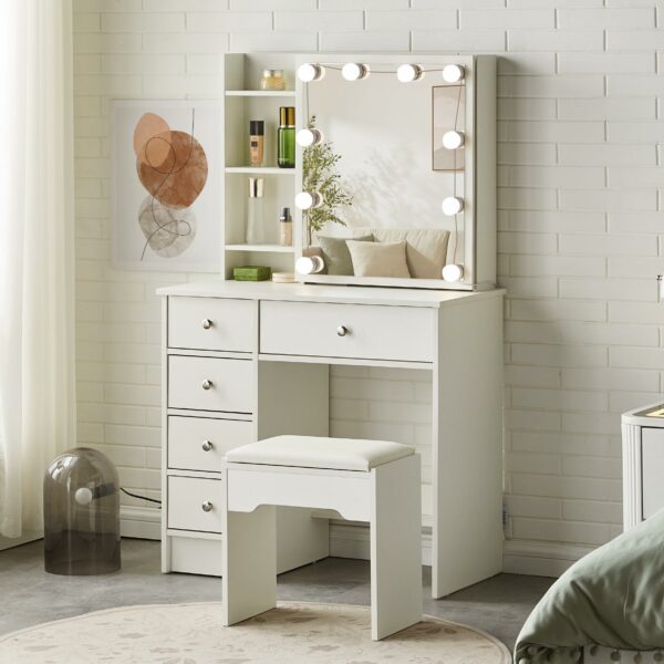 Tukailai Dressing Table with Hollywood LED Lights, Vanity Table with Mirror and Stool