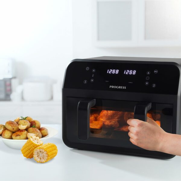 Progress Dual View Air Fryer – 7 Litre, Non-Stick Cooking Basket, Removable Divider, Family Size Capacity, Viewing Window, Digital LED Touch Display, 6 Cooking Functions, Hot Air Circulation, 2300 W
