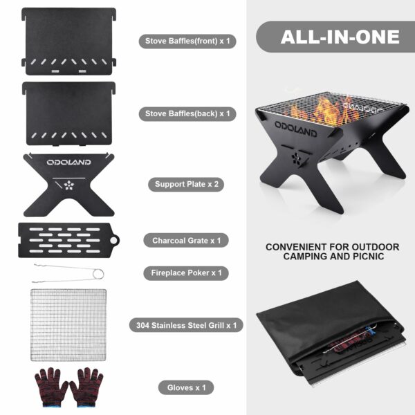 Odoland Camping Fire Pit, Portable Fire Pit for Camping, 2 in 1 Wood Burning Fire pit Grill with Detachable Cooking Grate for Outdoor BBQ, with Carry Bag