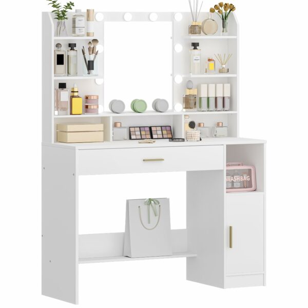 Hzuaneri Dressing Table, Large Tabletop with Mirror, LED Light with Adjustable Brightness, Organiser Drawers and Storage Cabinets, Open Shelves, for Bedroom, Cloakroom, White DT19903XUK