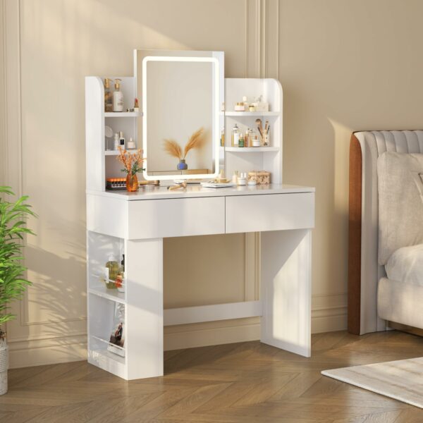 Devoko Dressing Table with LED Lighting Mirror,3 Light Colors,Adjustable Brightness,Vanity Table,Makeup Desk with 2 Drawers and 4 Storage Shelves, 90 x 40 x 135 cm, Modern White