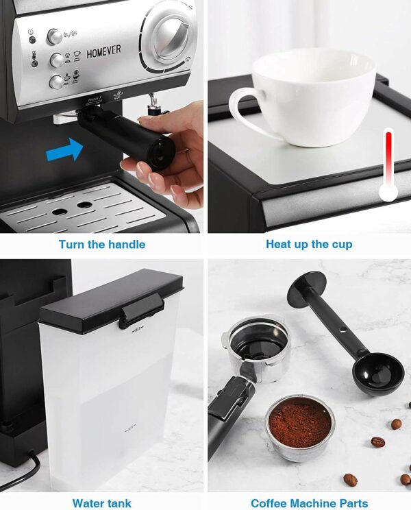 Homever Espresso coffee machine with milk steamer, Traditional 15 Bar High Power Coffee Maker Built in Italy Barista Pump, Ground Coffee Machines with 1.5L Water tank for Cappuccino, Latte, Macchiato