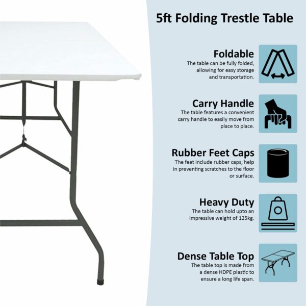Home Vida Folding Table 5ft Heavy Duty Extra Strength Camping Buffet Wedding Market Garden Party Car Boot Stall Picnic Trestle