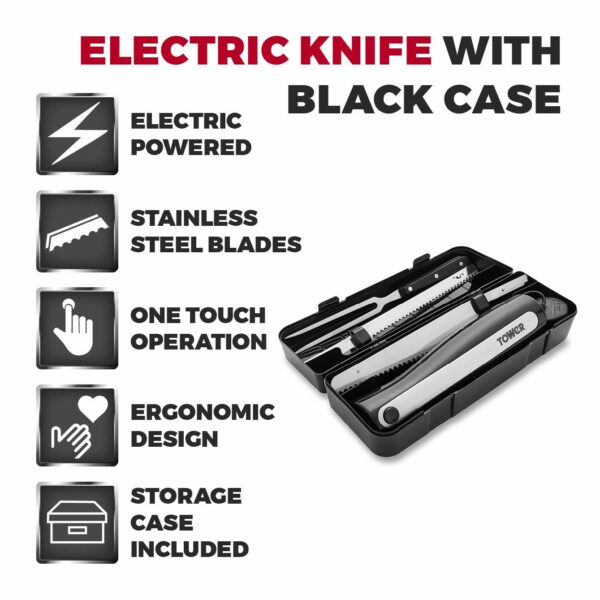 Tower T19028 Electric Knife with One Touch Operation, Ergonomic Design and Storage Case, 120W, Black, 1 Pack