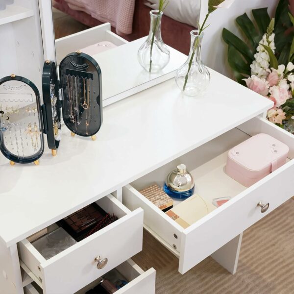 Tukailai White Vanity Dressing Table Set Corner Makeup Desk with 5 Drawers, 1 Slide Mirror, 7 Shelves and Stool Bedroom Furniture