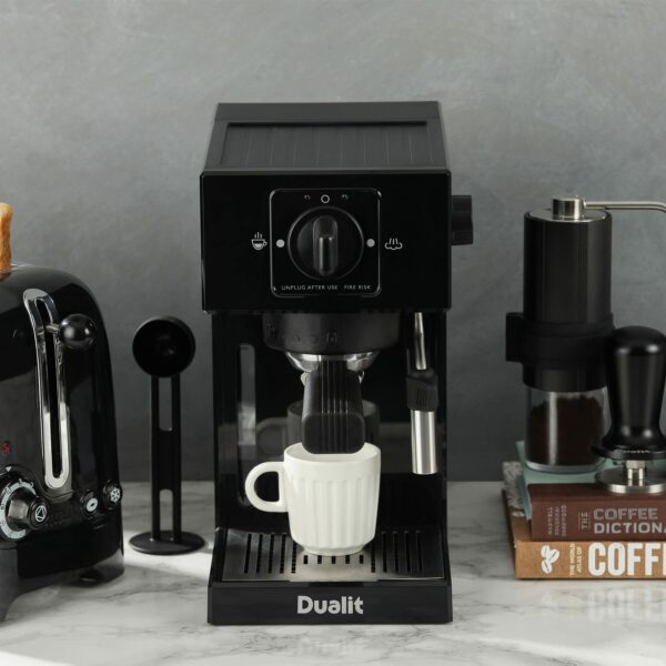 Dualit Espresso Coffee Machine | 1.4L Capacity | Black | Manual Dosing Coffee Maker| Filter Holder, Frother & Water Softener Bag Included | 84470