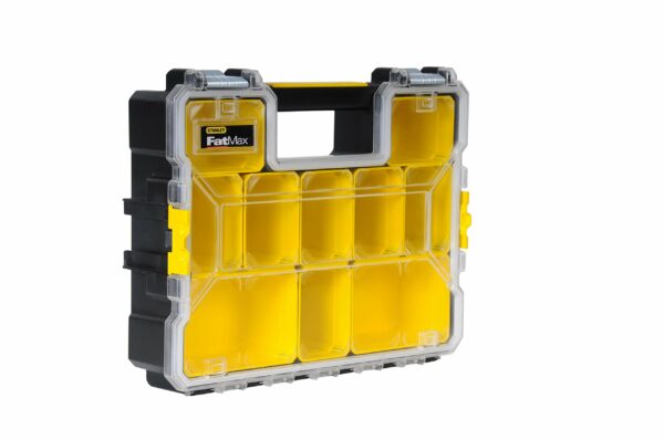 STANLEY FATMAX Waterproof 10-Compartment Deep Professional Tool Organiser, Removable & Stackable Deep Storage Cups with Transparent Lid, for Small Parts and Tools Storage, 1-97-521