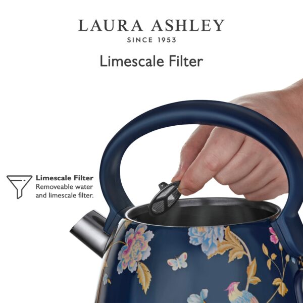 Laura Ashley Elveden Navy Cordless Electric Kettle By VQ, Stainless Steel Kettle With Capacity of 1.7 Litre, Energy Efficient 3KW Fast Boiling Technology With Boil Dry Protection & Temperature Gauge