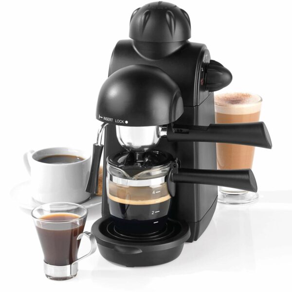 Salter EK3131 Espressimo Coffee Machine – 4-Shot Espresso Maker, Milk Frothing Wand, Includes 240 ml Glass Carafe, Barista Style Latte And Cappuccino, 5-Bar Pressure, Stainless Steel Filter, 870W