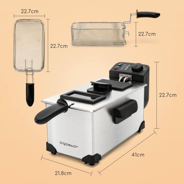 Aigostar Deep Fat Fryer 2200W, 3 Litre Deep Fryer Easy Clean, with Viewing Window, Stainless Steel, Temperature Control, Removable Oil Basket, Silver - Ushas 30JPN