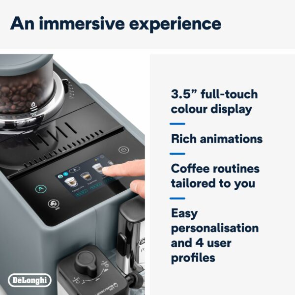 De'Longhi Rivelia EXAM440.55.G, Fully Automatic Coffee Machine with LatteCrema Hot, Automatic Milk Frother, Compact Size Bean to Cup Coffee Machine, 16 Recipes, Full Touch Colored Display, Pebble Grey
