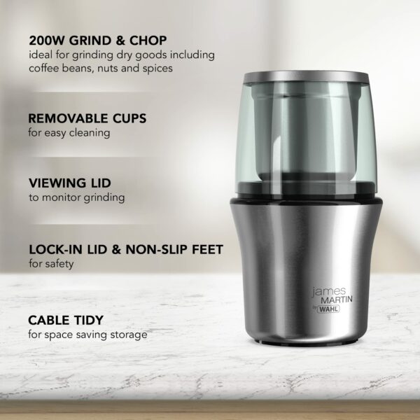 Wahl James Martin Grind and Chop, Electric Grinders Ideal for Coffee, Nuts and Spices, Safety Lock-In Lid, Brushed Stainless Steel, 200W, Capacity 70g