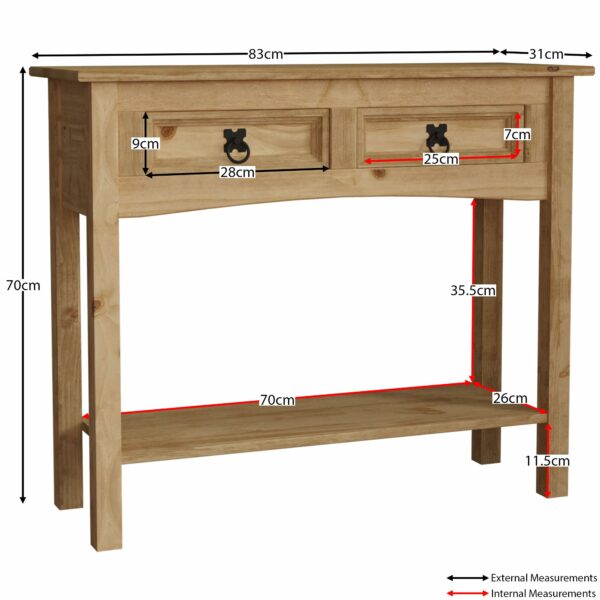 Console Table, 2 Drawer With Shelf, Rectangular, Waxed Solid Pine Wood, Traditional, Rustic, 31 x 83 x 70