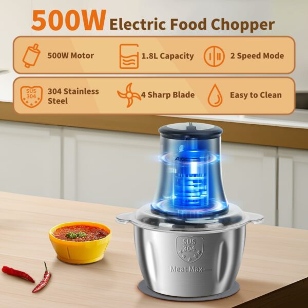 Aigostar Food Processor 500W Vegetable Chopper 1.8L Stainless Steel Bowl, Small Meat Grinder with 2 Speeds, 4 Bi-Level Blades for Fruits, Onion and Nuts，Garlic Baby Food - Flor 01H95