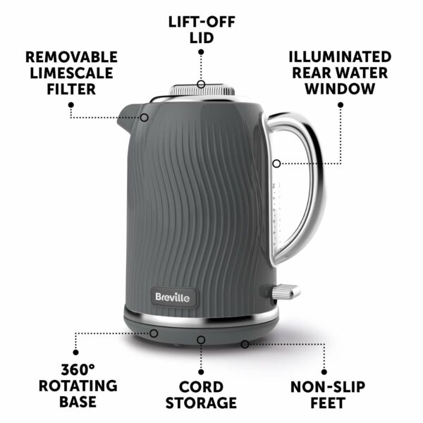 Breville VKT092 Flow Electric Kettle, 1.7 L, 3 KW Fast Boil, Grey