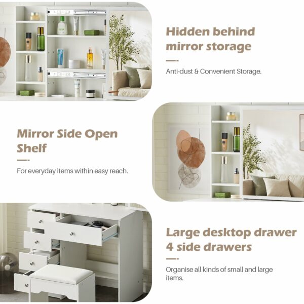 Tukailai White Vanity Dressing Table Set Corner Makeup Desk with 5 Drawers, 1 Slide Mirror, 7 Shelves and Stool Bedroom Furniture