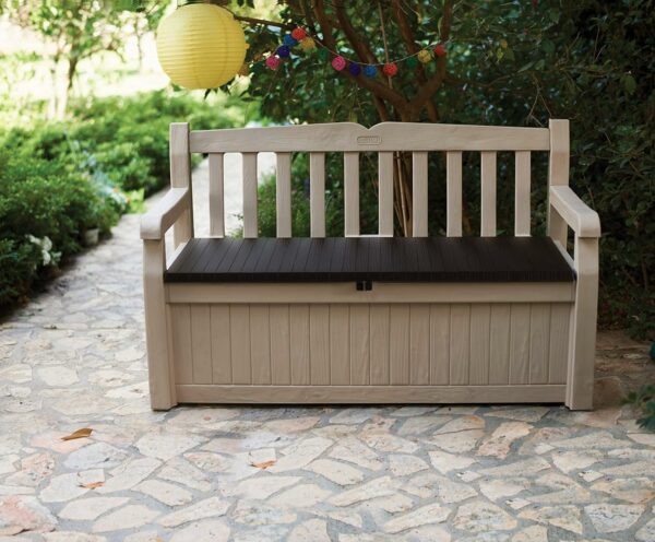 Keter Eden Bench 265L Outdoor 60% recycled Garden Furniture Storage Box Beige Brown Wood Panel Effect