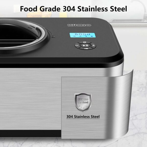KUMIO 1.5L Ice Cream Maker with Compressor, No Pre-Freezing, 4 Modes Ice Cream Maker Machine with LCD Display, Timer, Automatic Gelato & Yogurt Machine, Stainless Steel