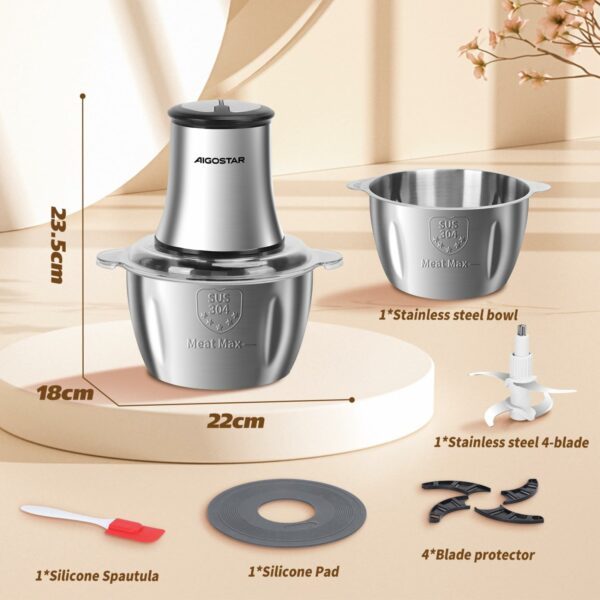 Aigostar Food Processor 500W Vegetable Chopper 1.8L Stainless Steel Bowl, Small Meat Grinder with 2 Speeds, 4 Bi-Level Blades for Fruits, Onion and Nuts，Garlic Baby Food - Flor 01H95