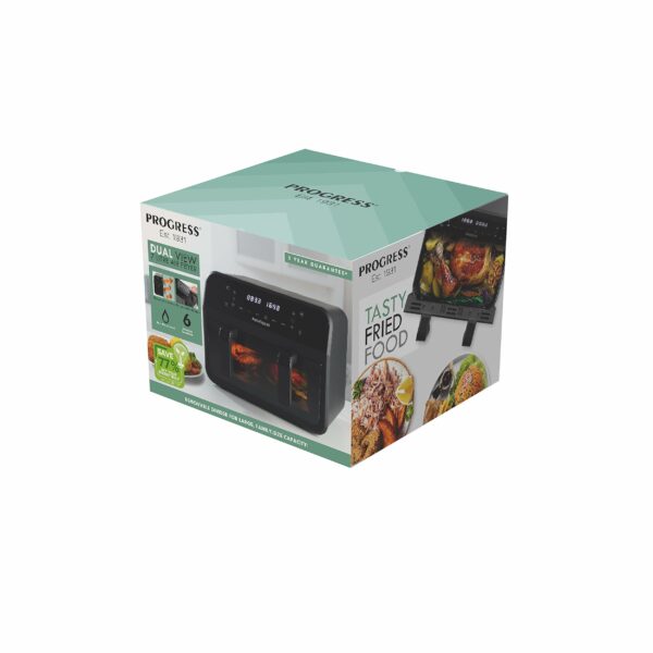 Progress Dual View Air Fryer – 7 Litre, Non-Stick Cooking Basket, Removable Divider, Family Size Capacity, Viewing Window, Digital LED Touch Display, 6 Cooking Functions, Hot Air Circulation, 2300 W