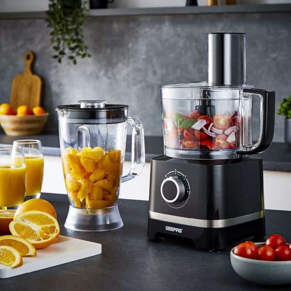 Geepas 800W 10 in 1 Food Processor Blender | Multifunctional Electric Blender Chopper Shredder Slicer French Fry Cutter Citrus Juicer Whisk Emulsifier Dry Grinder & Dough Attachment | 2 Speed & Pulse