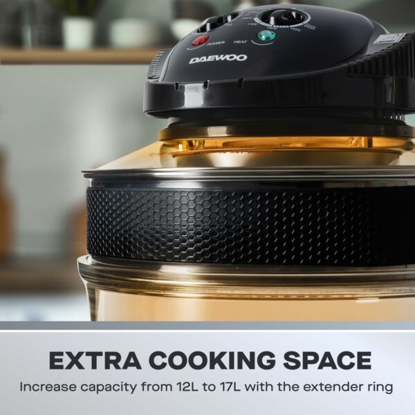 Daewoo Deluxe 17L 1300W Halogen Air Fryer with an Extension Ring- 60min Timer with Self-Cleaning Function, Adjustable Temperature Control and 7 Accessories Included - Black