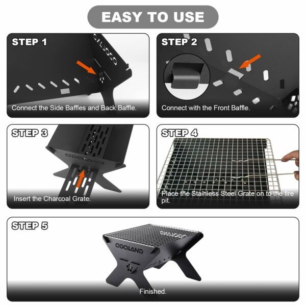 Odoland Camping Fire Pit, Portable Fire Pit for Camping, 2 in 1 Wood Burning Fire pit Grill with Detachable Cooking Grate for Outdoor BBQ, with Carry Bag